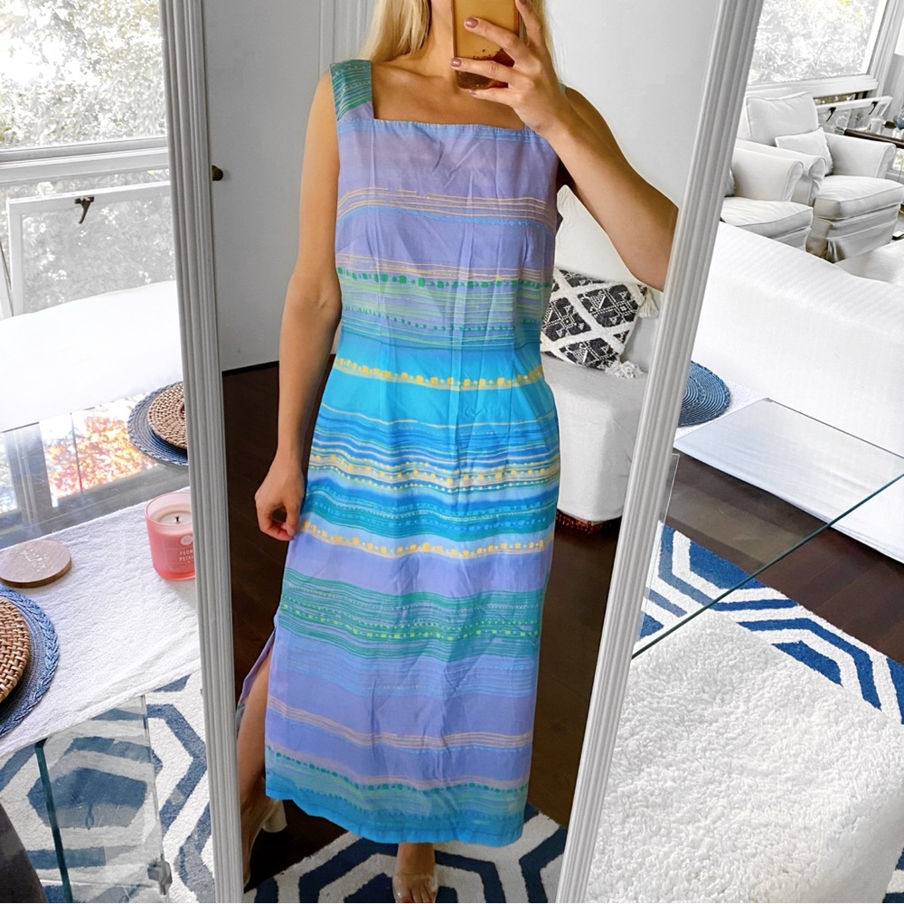 🦋 ART-TO-BE ELEGANT BLUE PURPLE MULTI SQUARE NECK MAXI DRESS!